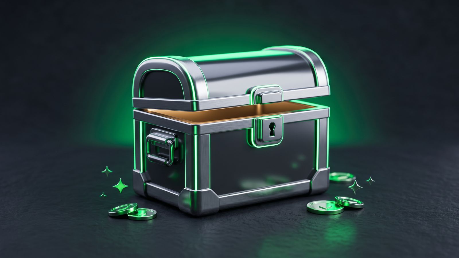 Glossy reward chest with neon green edge glow on dark surface